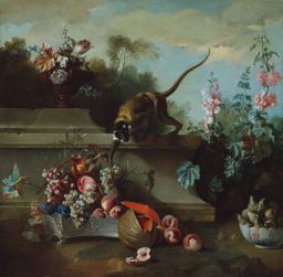 jean baptist oudry's Still life with monkey, fruit and flowers